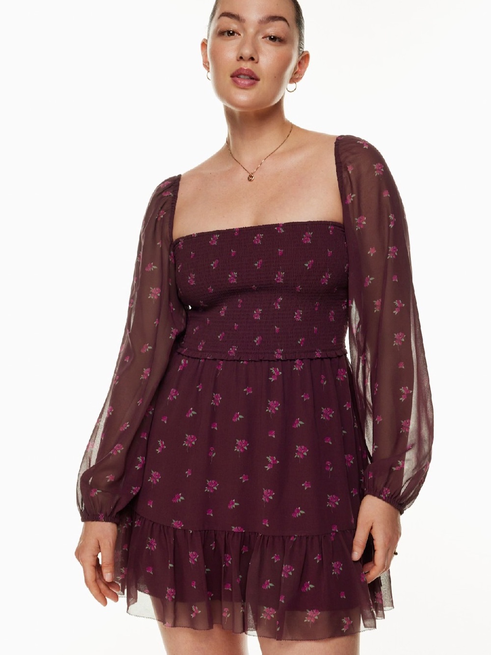 NWT Wilfred Aritzia Tempest chiffon smocked floral mini dress medium
